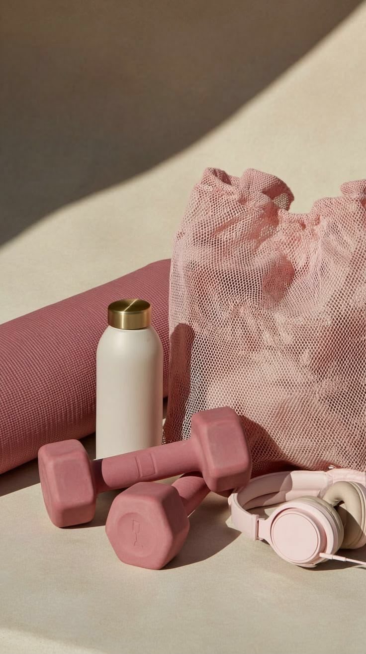 Mancuernas rosas, botella y bolsa de malla