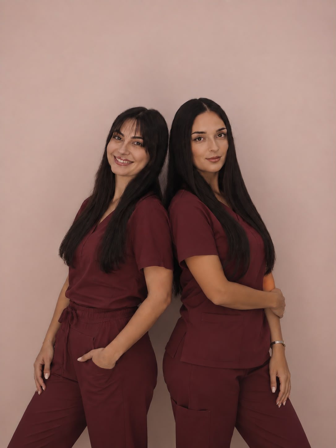 Alba y Raquel con uniforme de enfermera burdeos